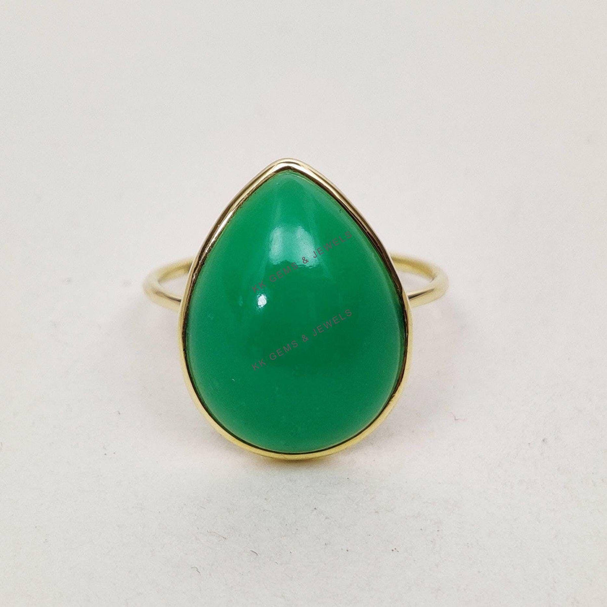 14K Solid Yellow Gold Pear Natural Chrysoprase Ring, May Birthstone