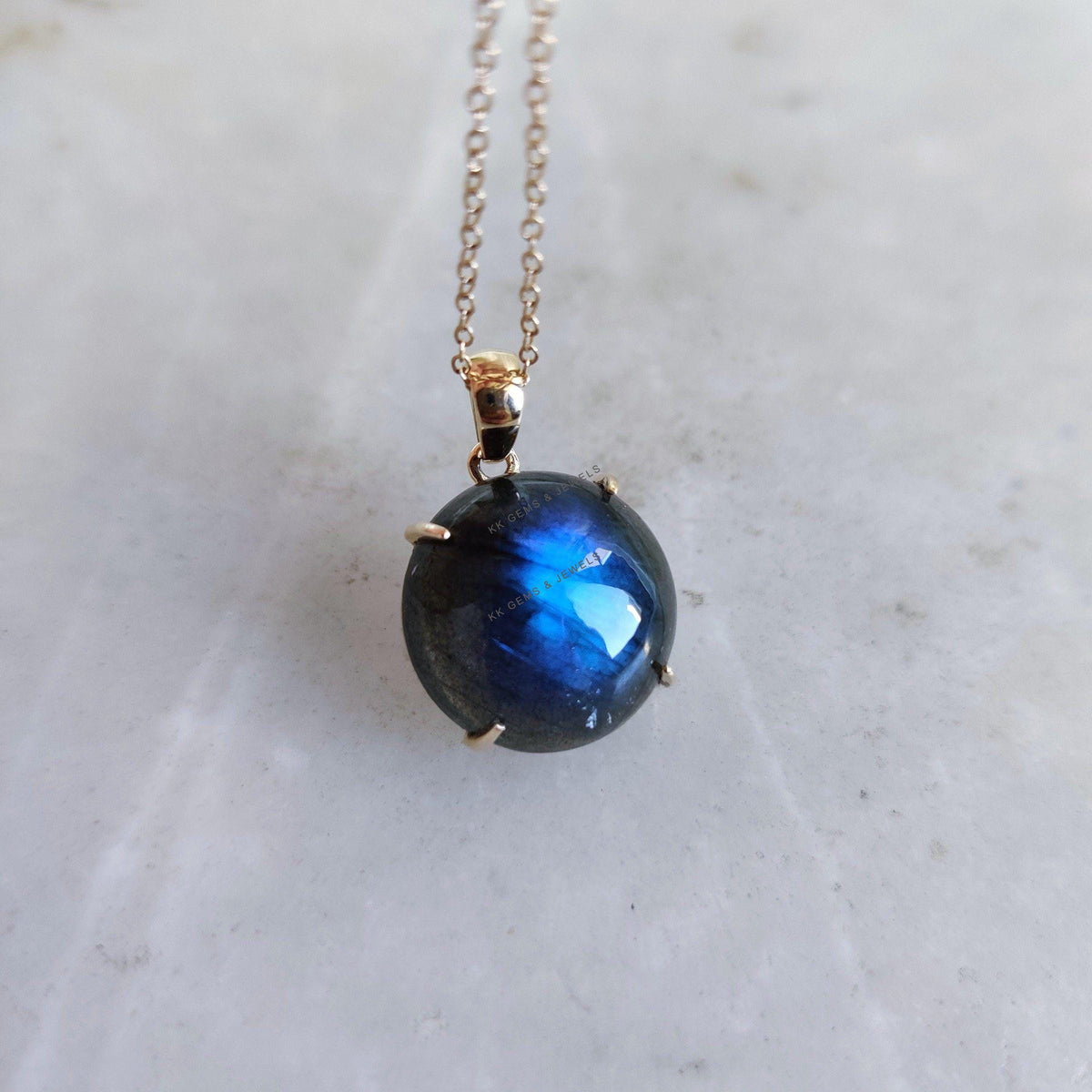 Natural Blue Labradorite Pendant: 14K Solid Yellow Gold, November Birthstone