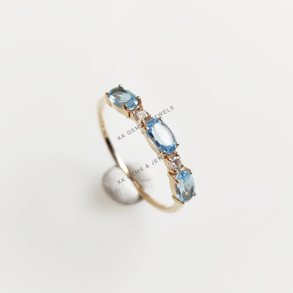 Natural Sky Blue Topaz & Diamond Ring, 14K Solid Yellow Gold, December Birthstone