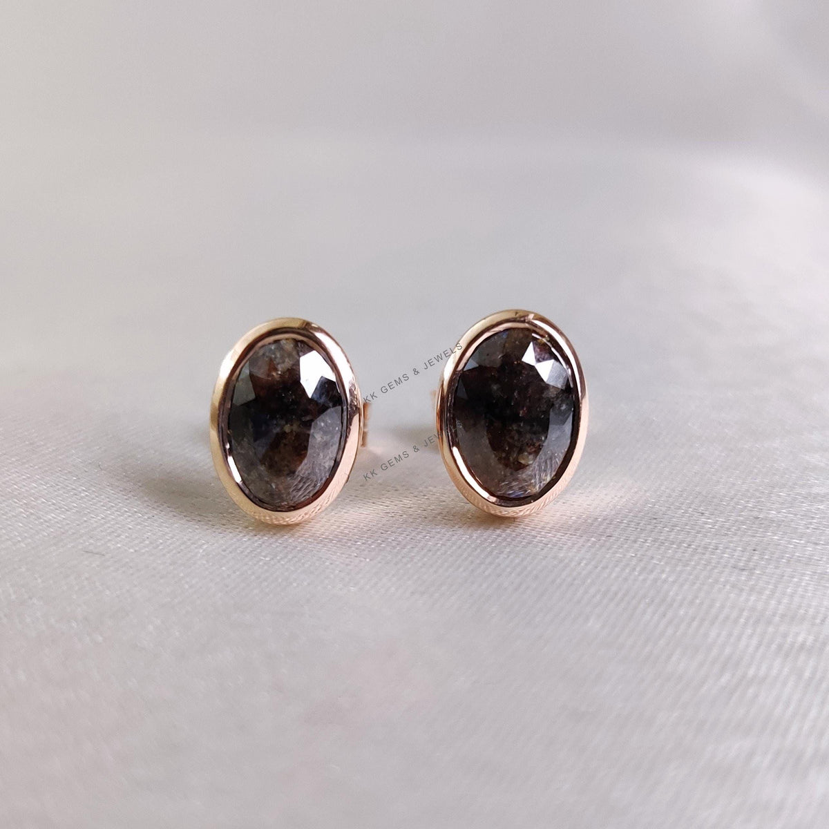 14K Solid Rose Gold Natural Salt & Pepper Diamond Earrings: Unique Oval Gemstone