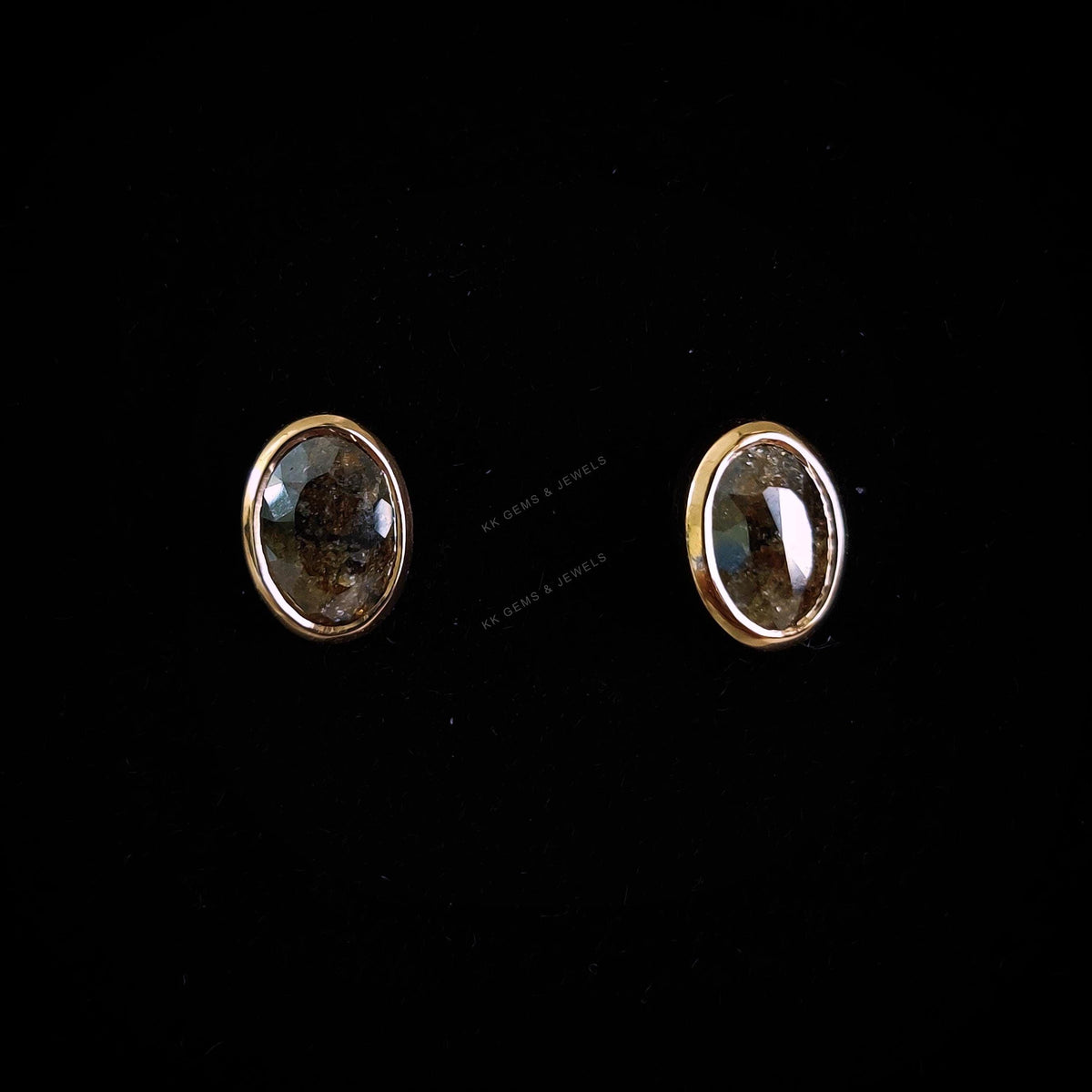 14K Solid Rose Gold Natural Salt & Pepper Diamond Earrings: Unique Oval Gemstone