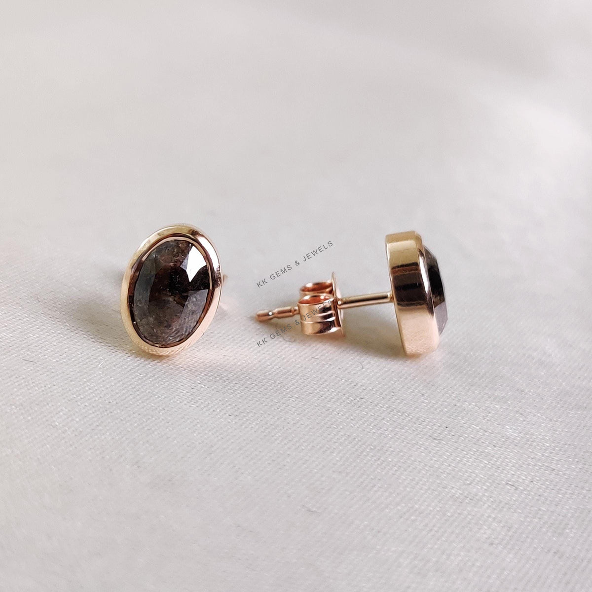 14K Solid Rose Gold Natural Salt & Pepper Diamond Earrings: Unique Oval Gemstone