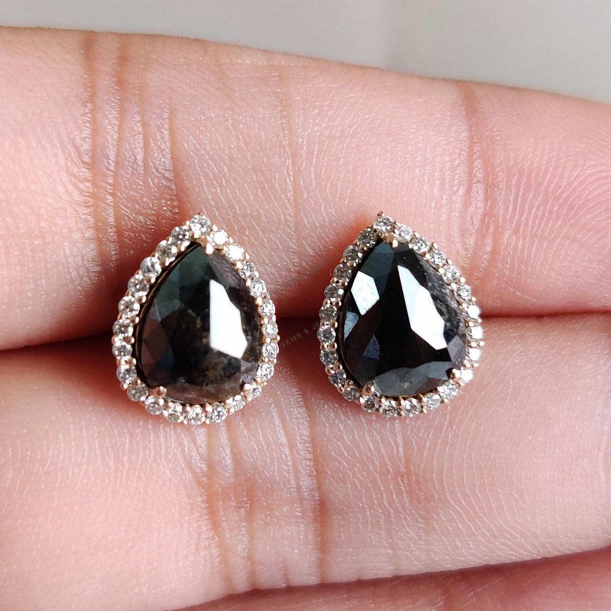 Natural Salt & Pepper Diamond 14K Solid Rose Gold Earrings: Pear Cut Gemstone