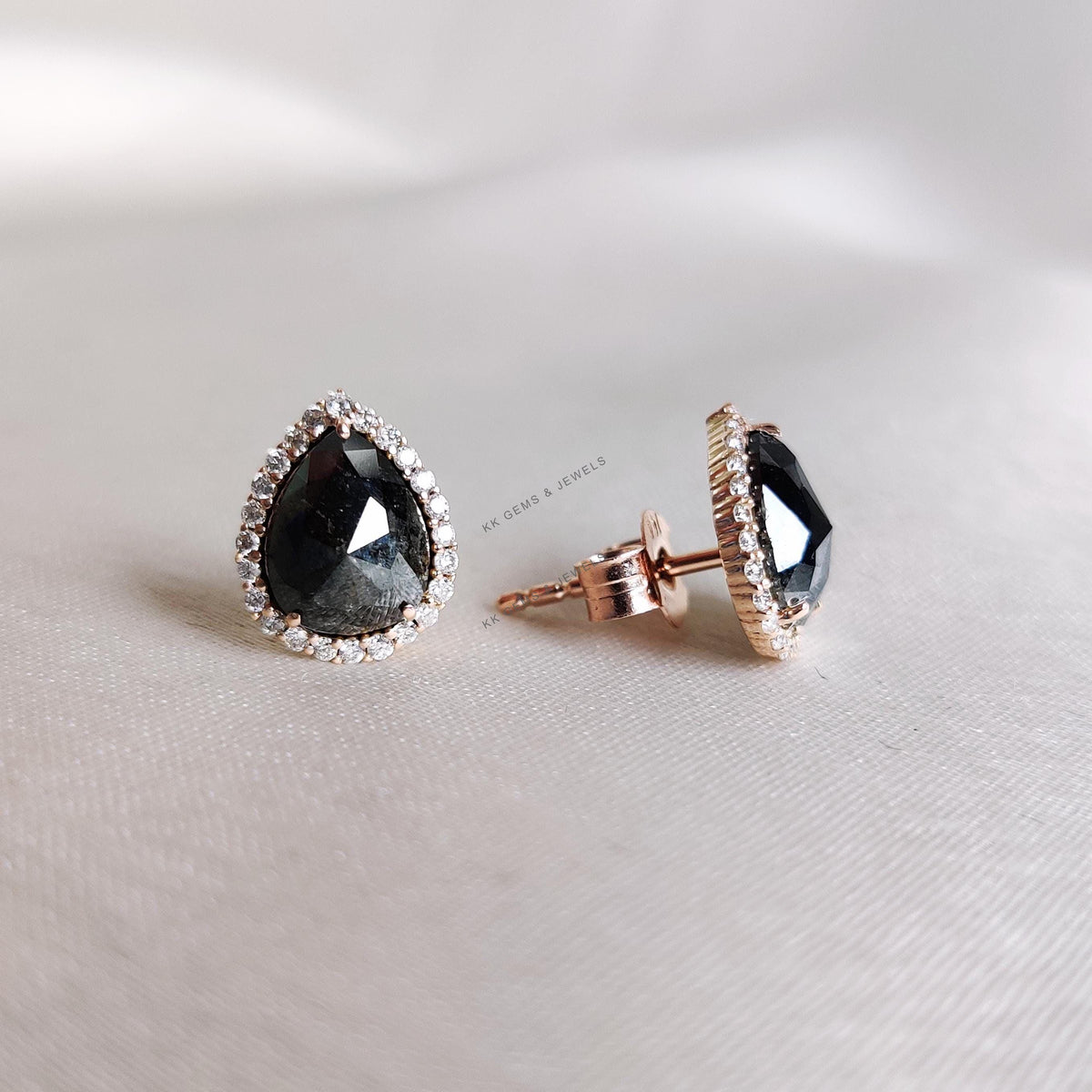 Natural Salt & Pepper Diamond 14K Solid Rose Gold Earrings: Pear Cut Gemstone