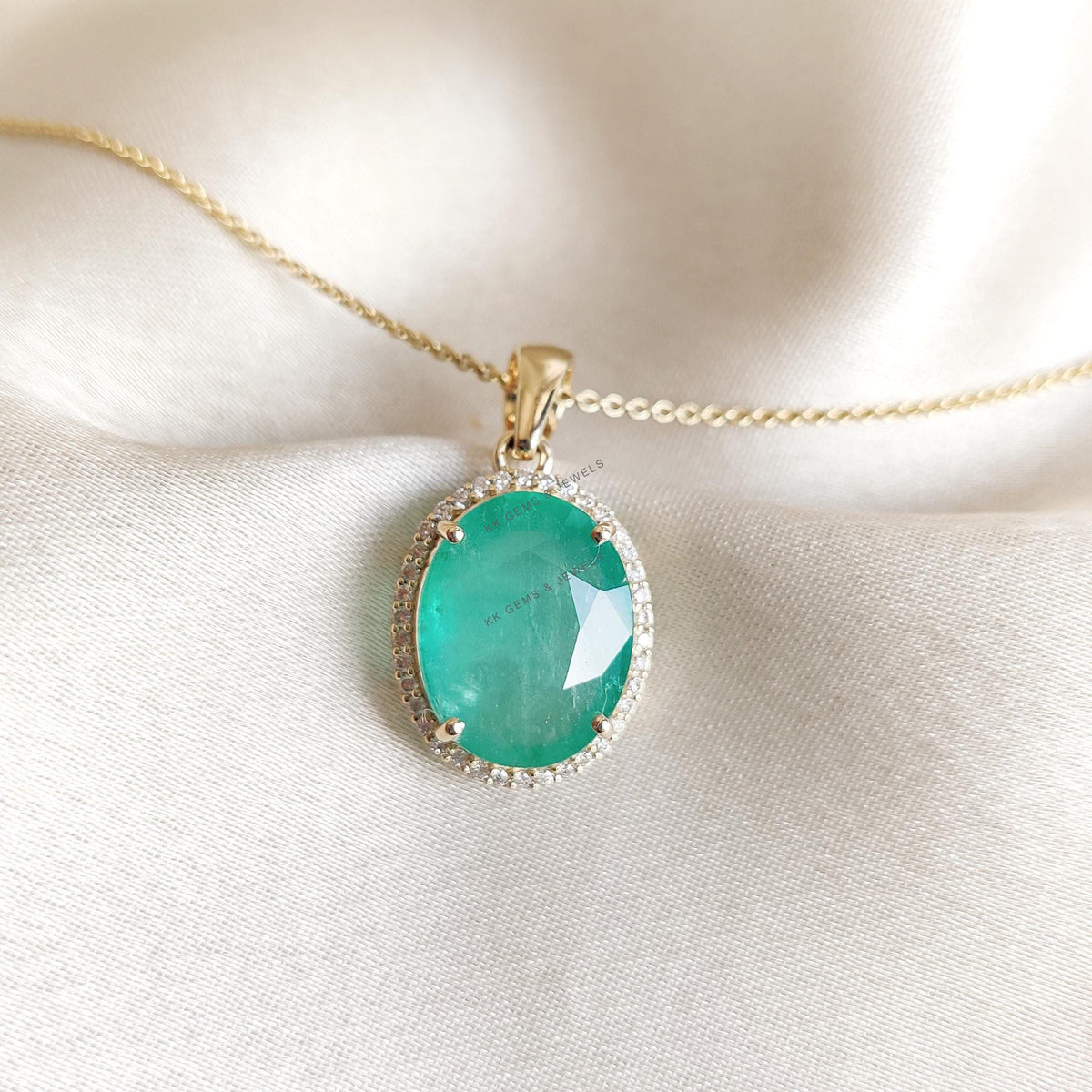 Natural Emerald & Diamond 14K Solid Yellow Gold Pendant: May Birthstone Jewelry