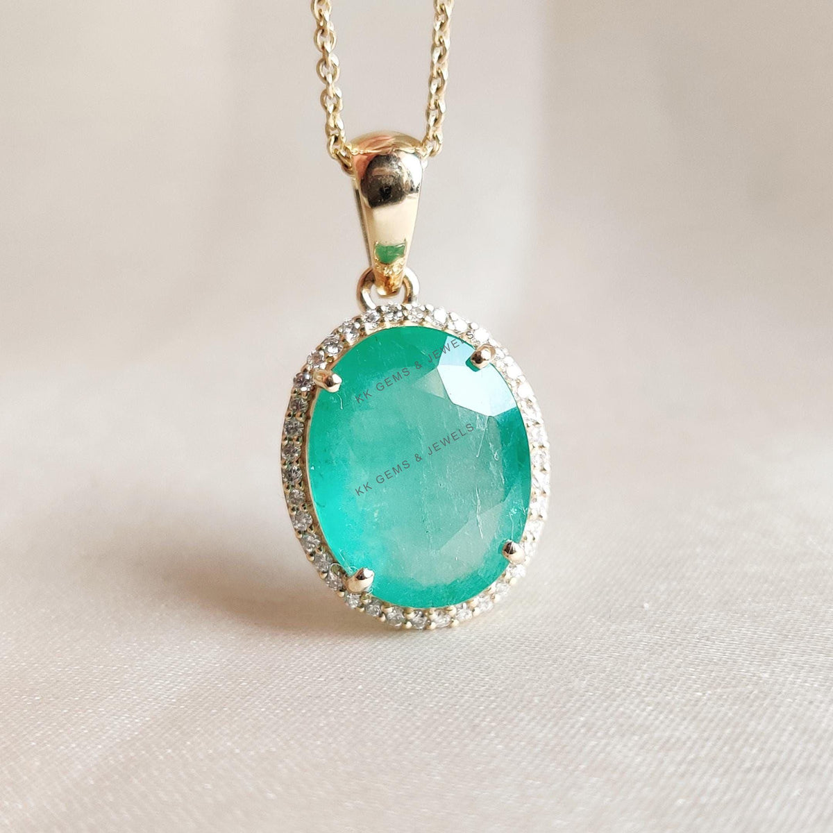 Natural Emerald & Diamond 14K Solid Yellow Gold Pendant: May Birthstone Jewelry