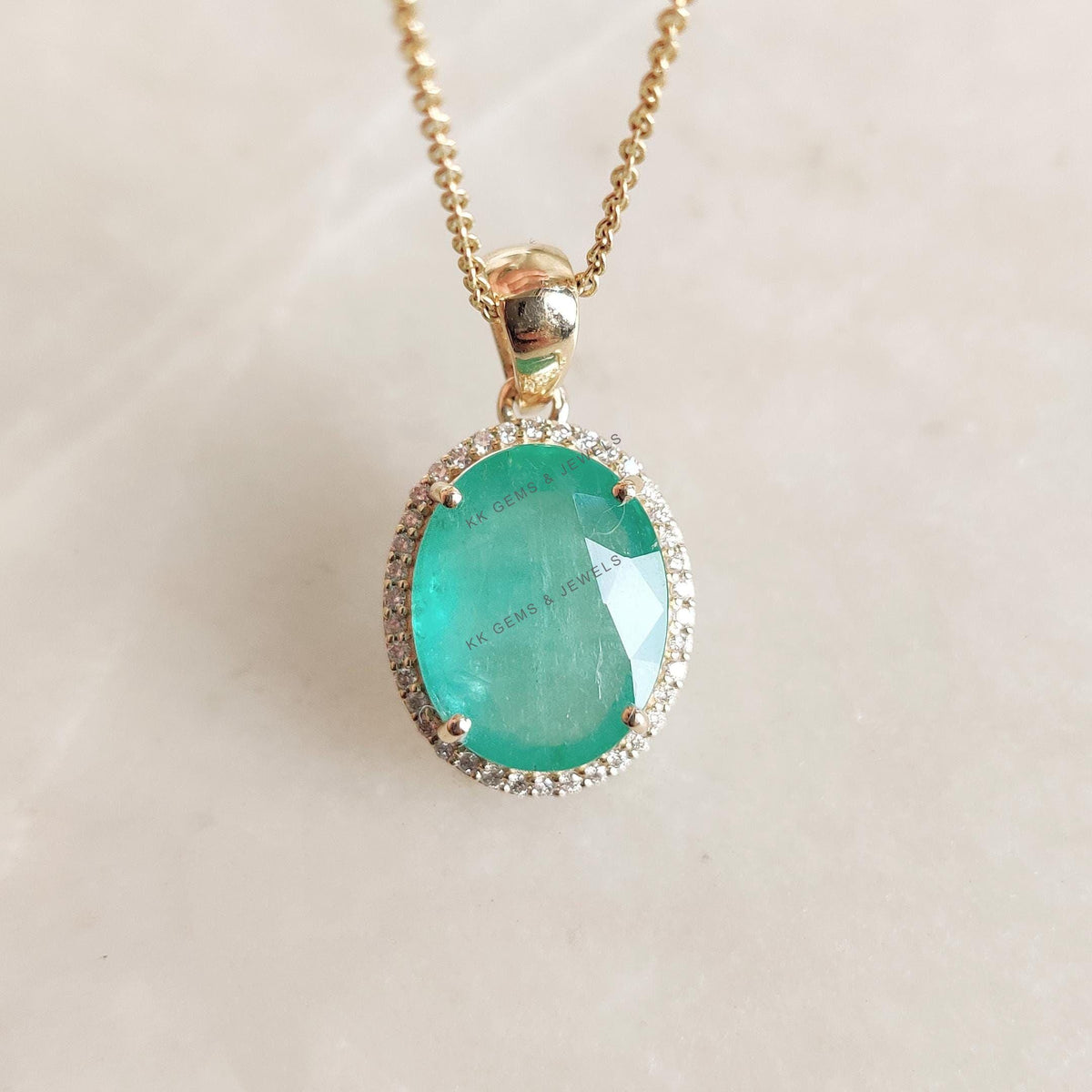 Natural Emerald & Diamond 14K Solid Yellow Gold Pendant: May Birthstone Jewelry