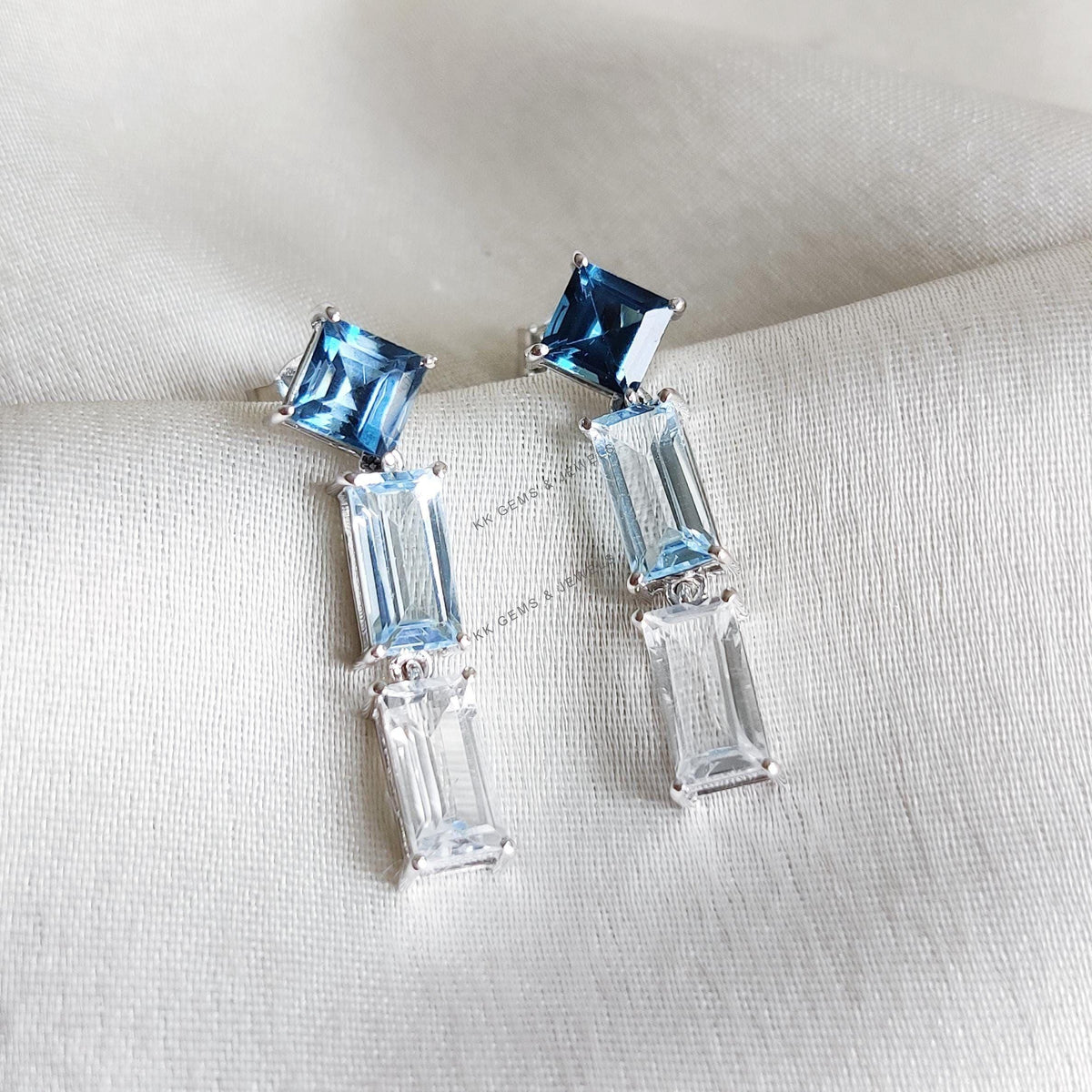 14K Solid Gold Natural Blue Topaz & White Topaz Dangle Earrings, December Birthstone