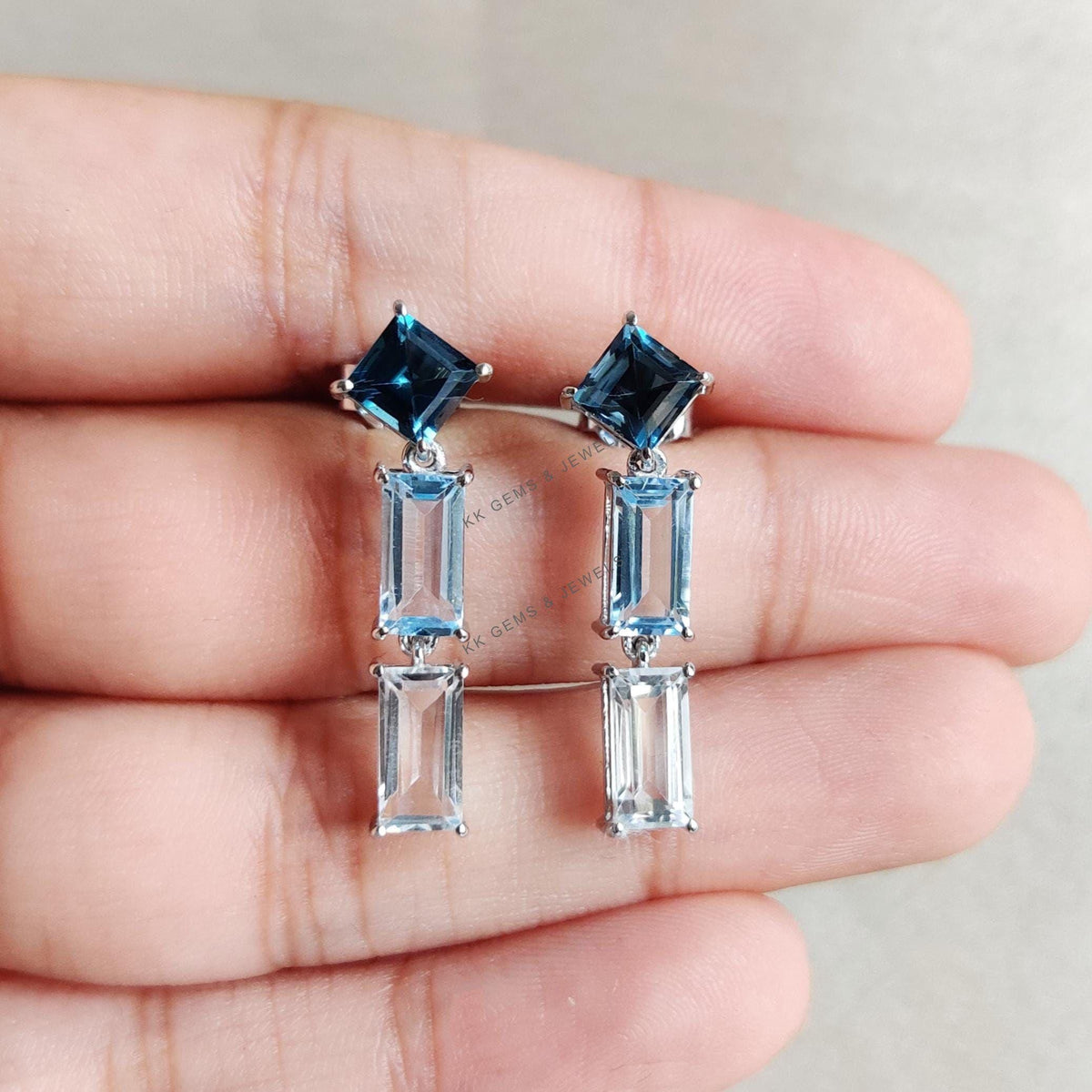 14K Solid Gold Natural Blue Topaz & White Topaz Dangle Earrings, December Birthstone