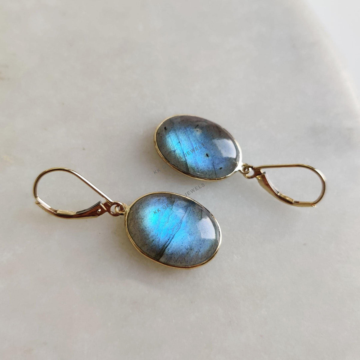 14K Solid Gold Natural Labradorite Drop Earrings, August Birthstone