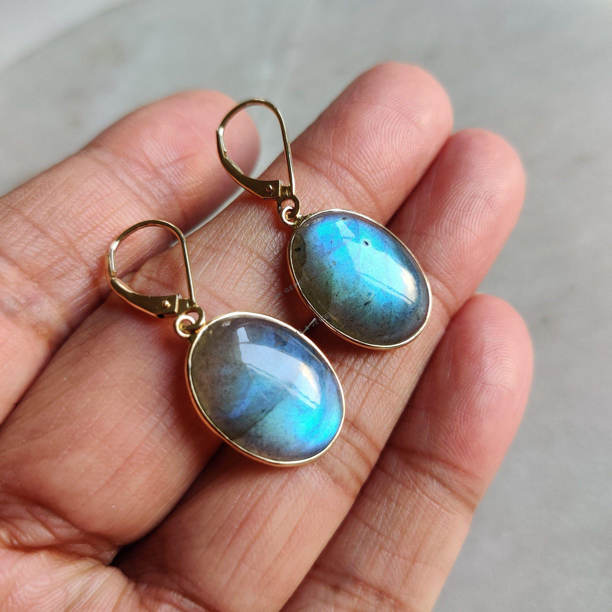 14K Solid Gold Natural Labradorite Drop Earrings, August Birthstone