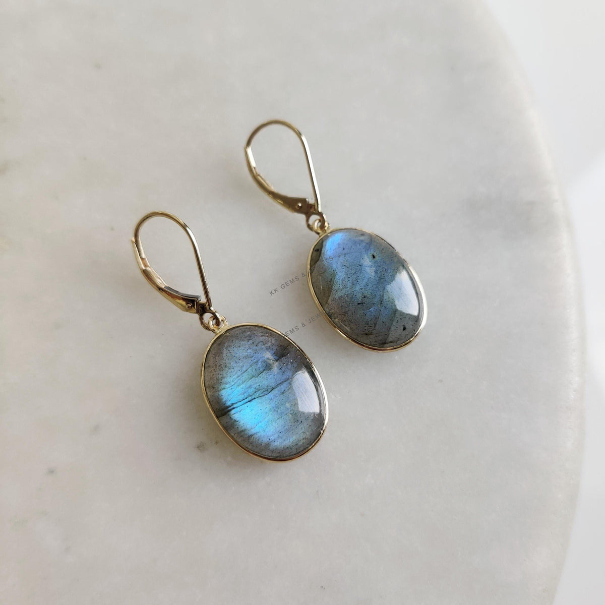 14K Solid Gold Natural Labradorite Drop Earrings, August Birthstone