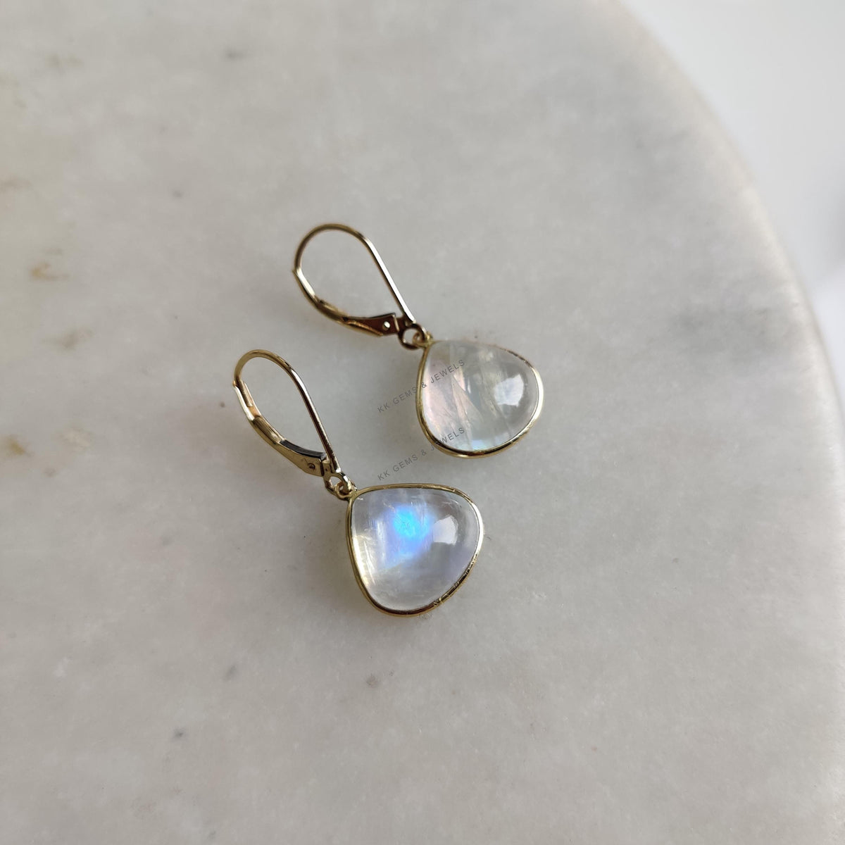 14K Solid Yellow Gold Natural Rainbow Moonstone Trillion Earrings, June Birthstone