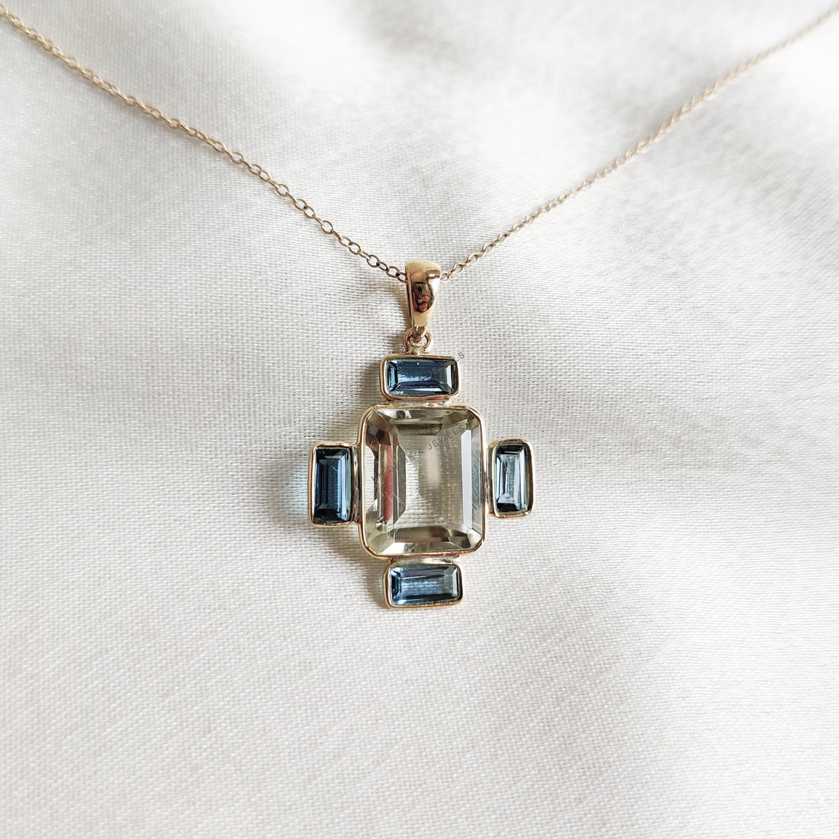 14K Solid Gold Natural Green Amethyst & London Blue Topaz Pendant, February Birthstone