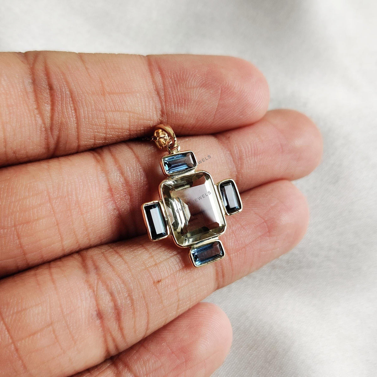14K Solid Gold Natural Green Amethyst & London Blue Topaz Pendant, February Birthstone