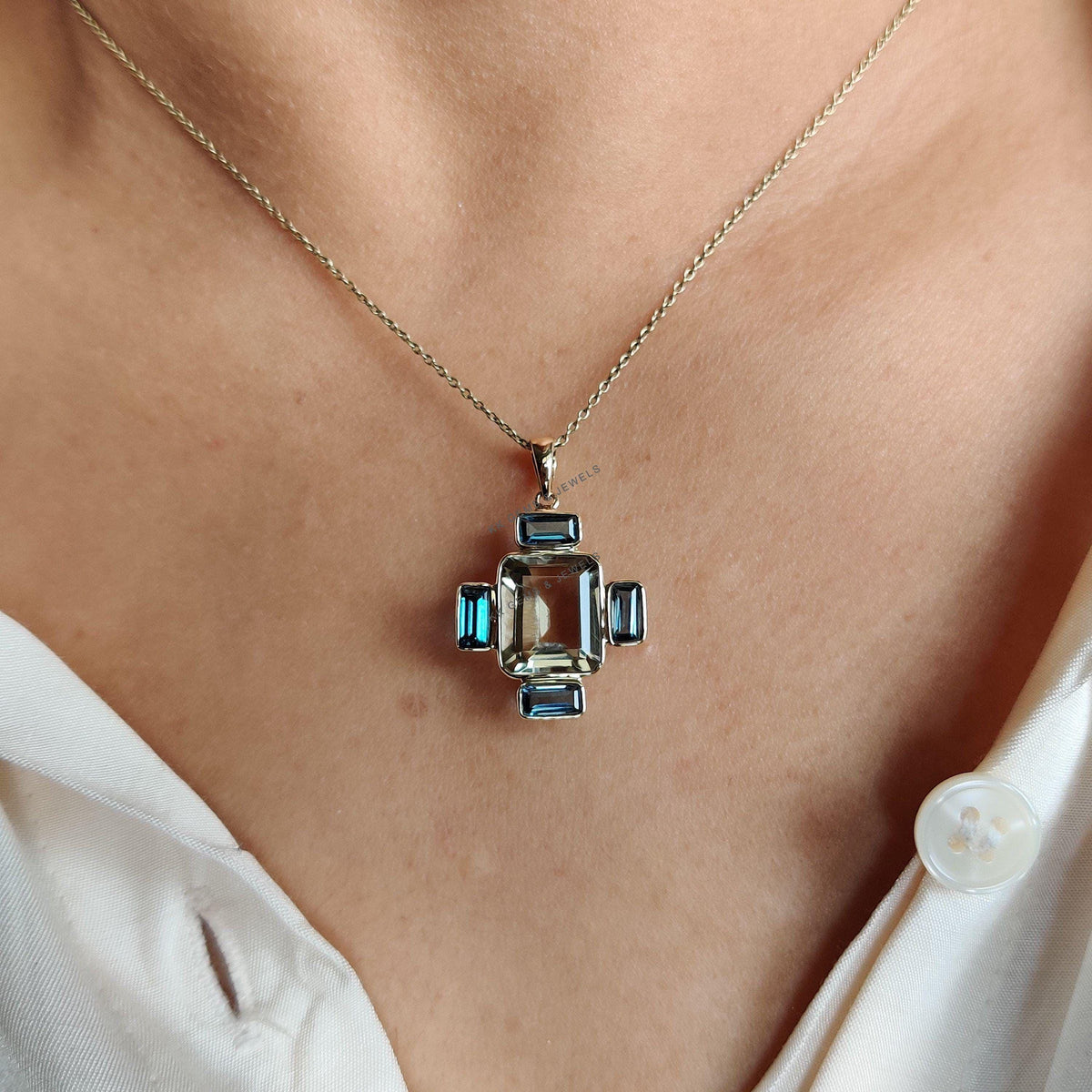 14K Solid Gold Natural Green Amethyst & London Blue Topaz Pendant, February Birthstone