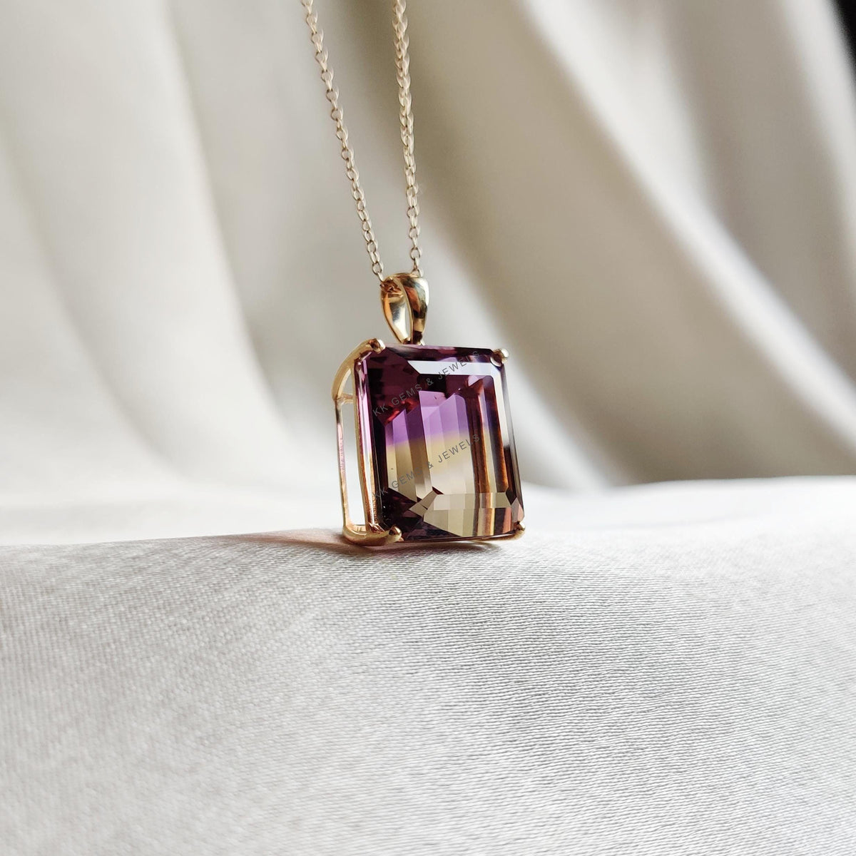 14K Solid Gold Natural Ametrine Pendant, Rectangle Gemstone, Birthstone Jewelry
