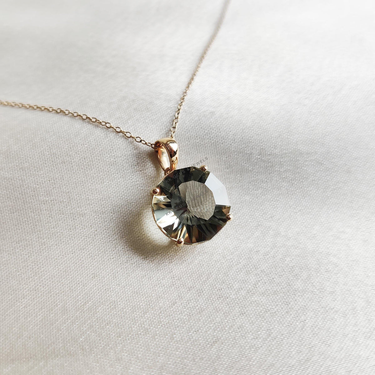 Natural Green Amethyst Pendant, 14K Solid Yellow Gold Prong Setting, February Birthstone