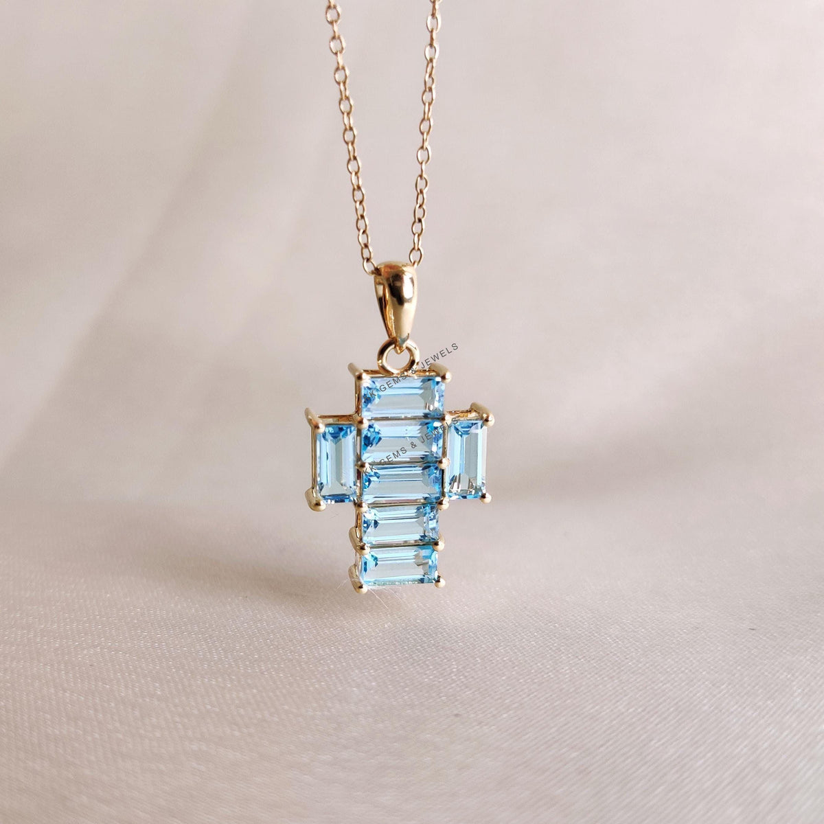 14K Solid Gold Natural Swiss Blue Topaz Cross Pendant, December Birthstone, Christmas Gift