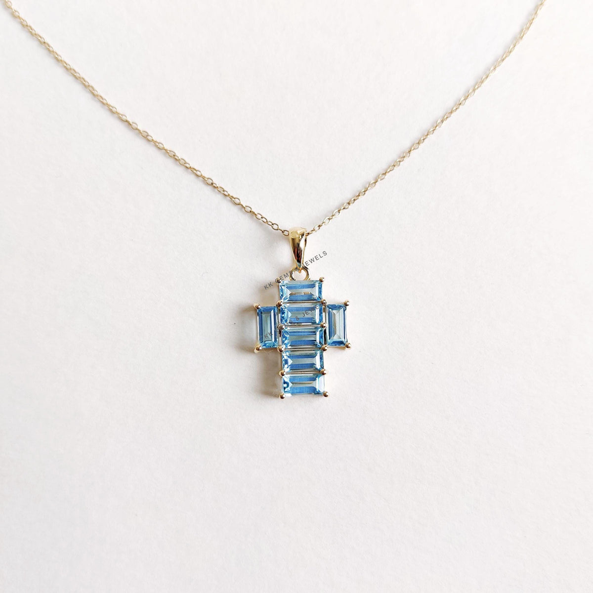 14K Solid Gold Natural Swiss Blue Topaz Cross Pendant, December Birthstone, Christmas Gift