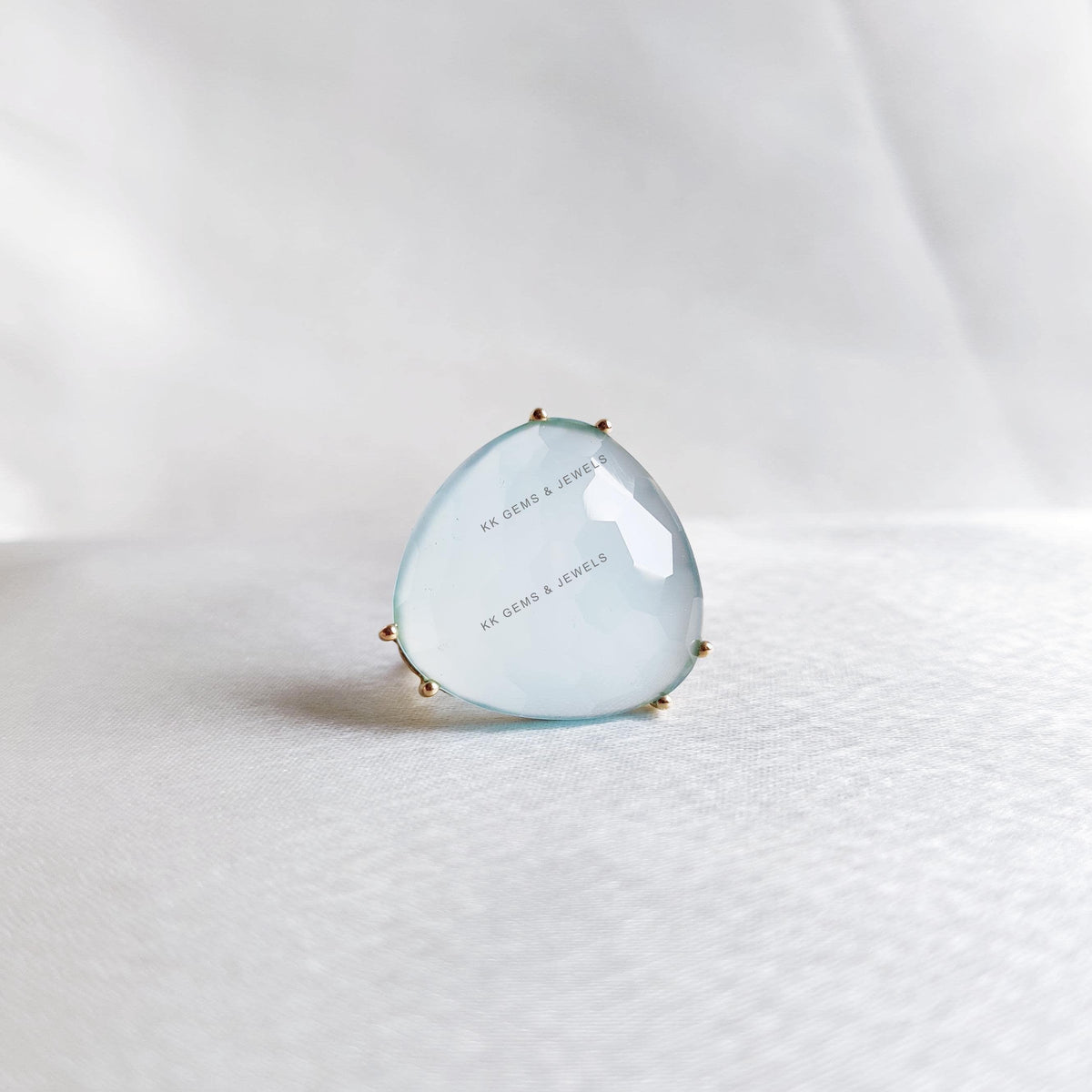 14K Solid Gold Natural Blue Chalcedony Ring: March Birthstone Jewelry