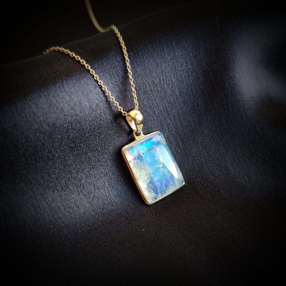 14K Solid Gold Natural Rainbow Moonstone Pendant, June Birthstone Jewelry