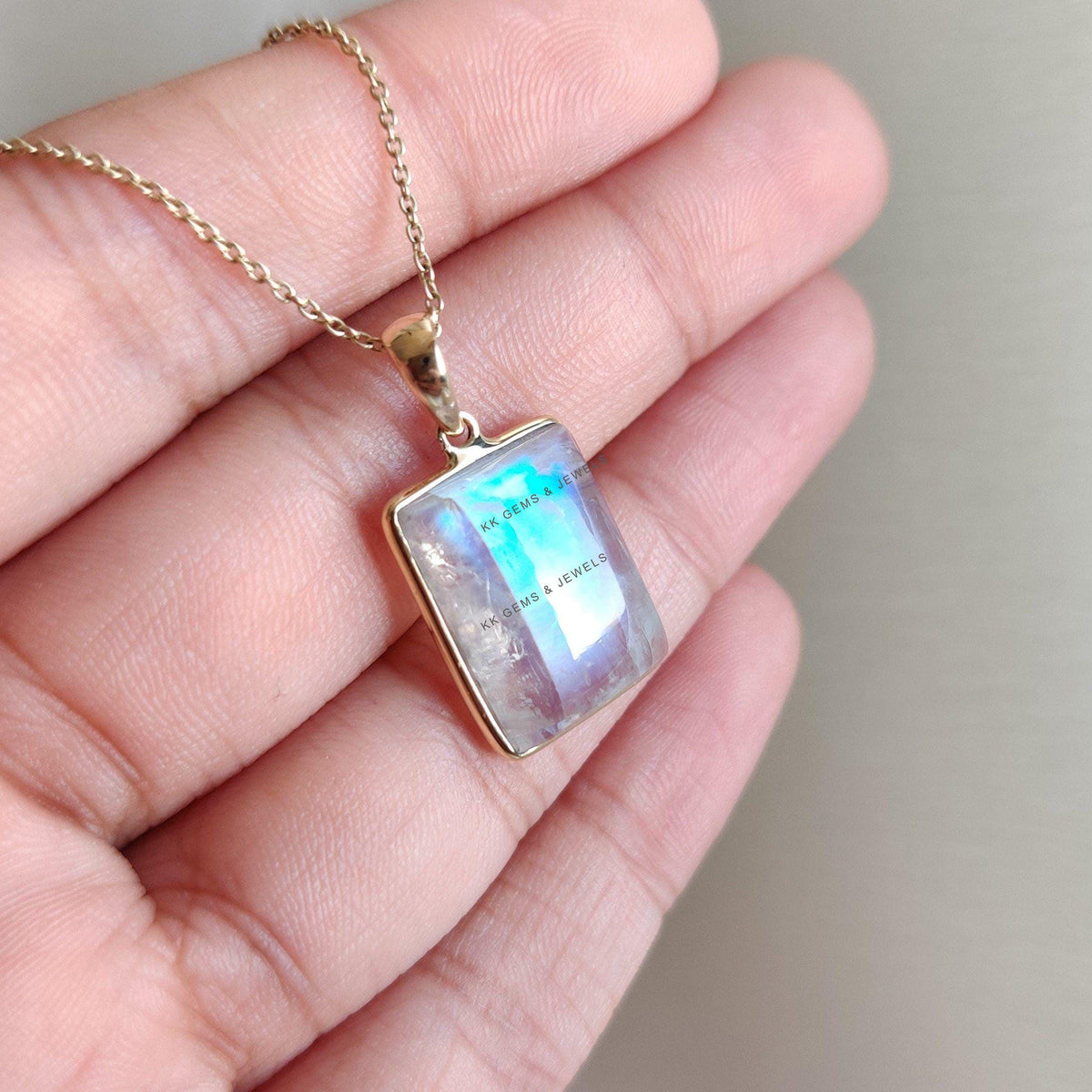 14K Solid Gold Natural Rainbow Moonstone Pendant, June Birthstone Jewelry