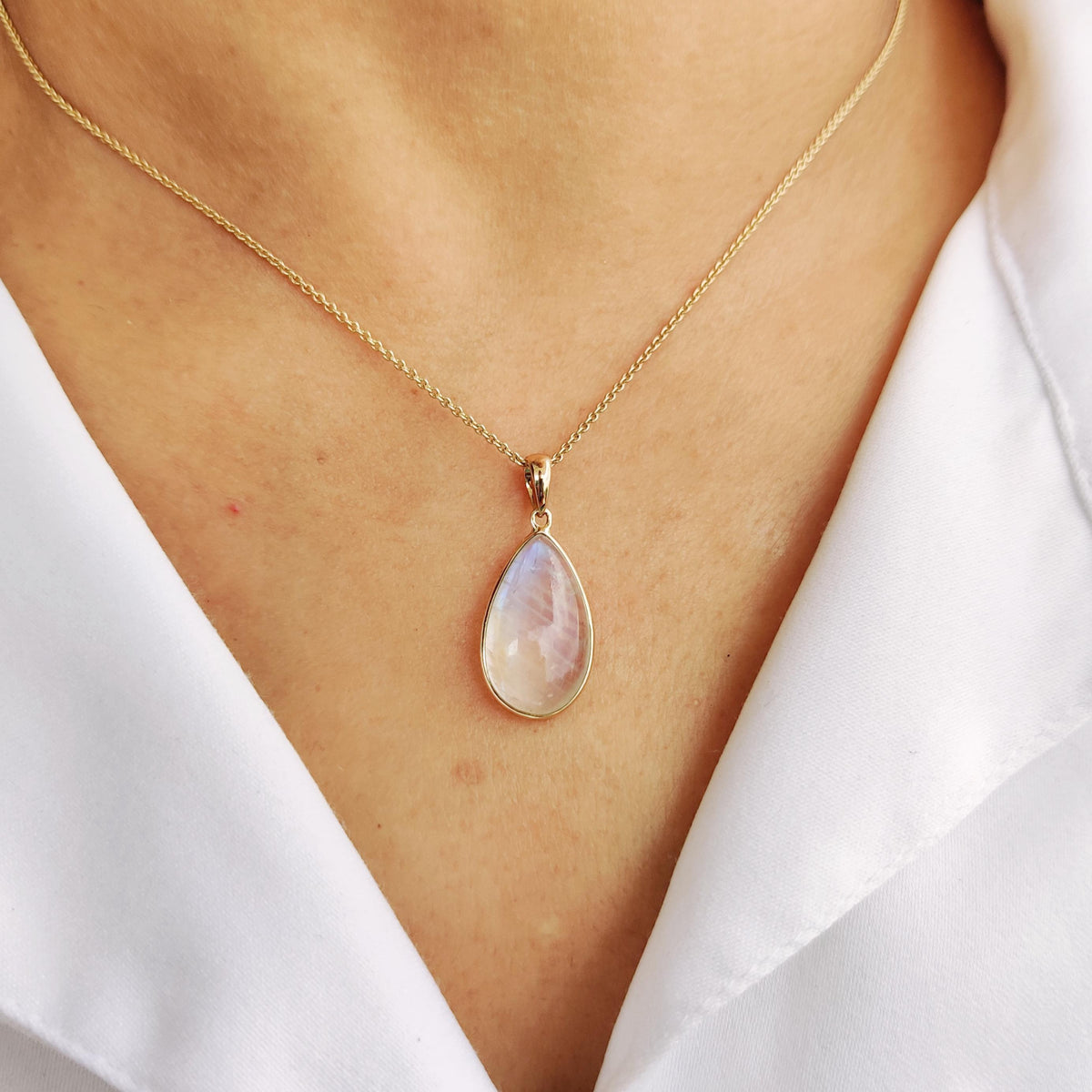 14K Solid Yellow Gold Natural Rainbow Moonstone Pear Pendant, June Birthstone