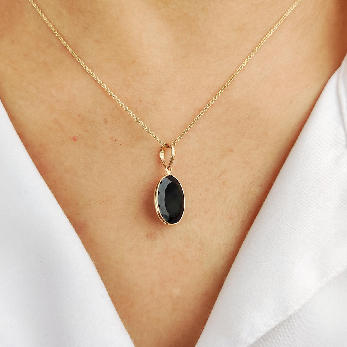 14K Solid Gold Natural Black Onyx Bezel Pendant, December Birthstone