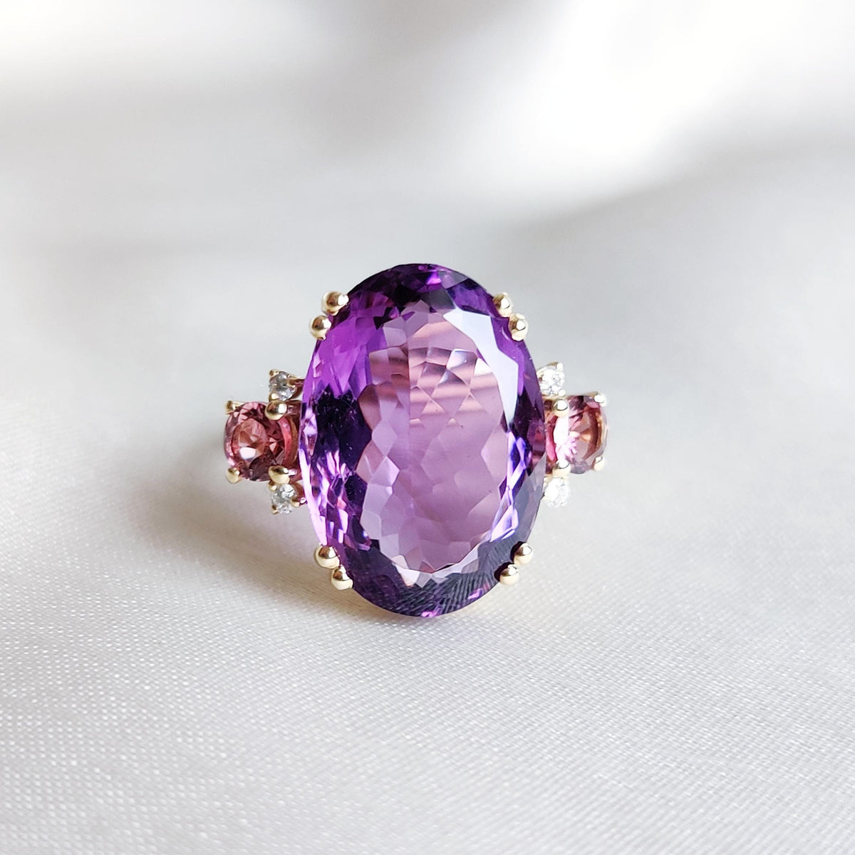 Natural Purple Amethyst & Pink Tourmaline and Diamond 14K Solid Gold Ring, Anniversary Gift