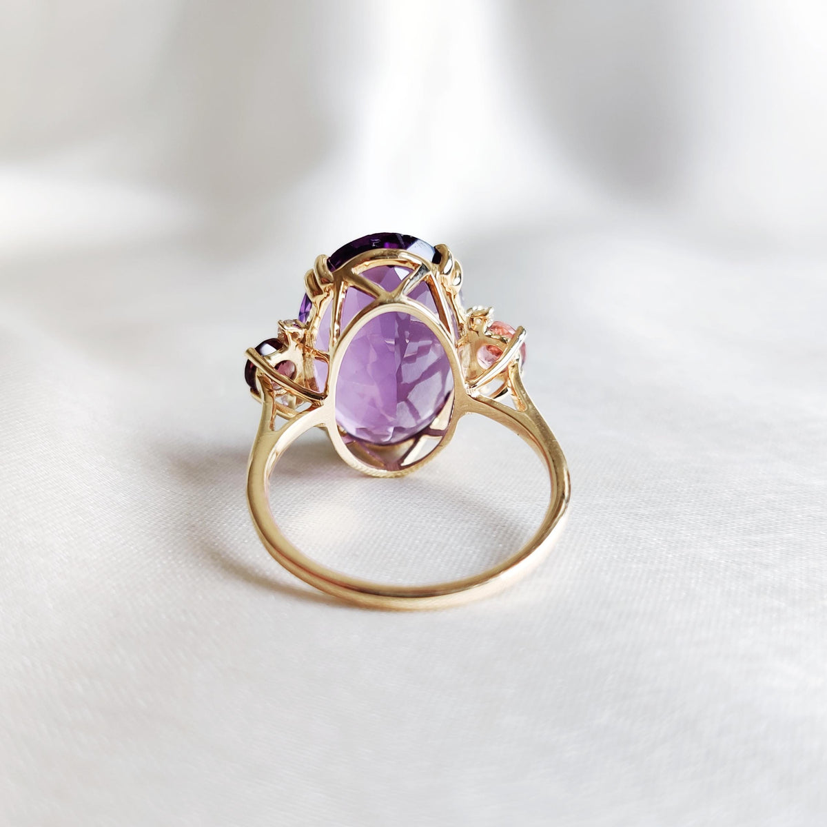 Natural Purple Amethyst & Pink Tourmaline and Diamond 14K Solid Gold Ring, Anniversary Gift