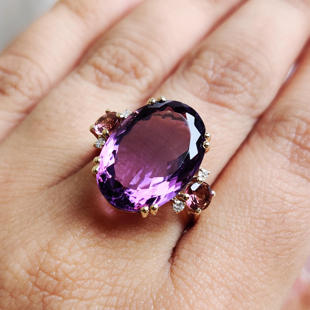 Natural Purple Amethyst & Pink Tourmaline and Diamond 14K Solid Gold Ring, Anniversary Gift
