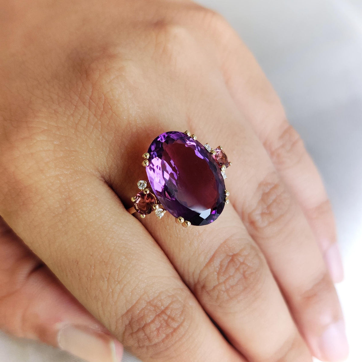 Natural Purple Amethyst & Pink Tourmaline and Diamond 14K Solid Gold Ring, Anniversary Gift