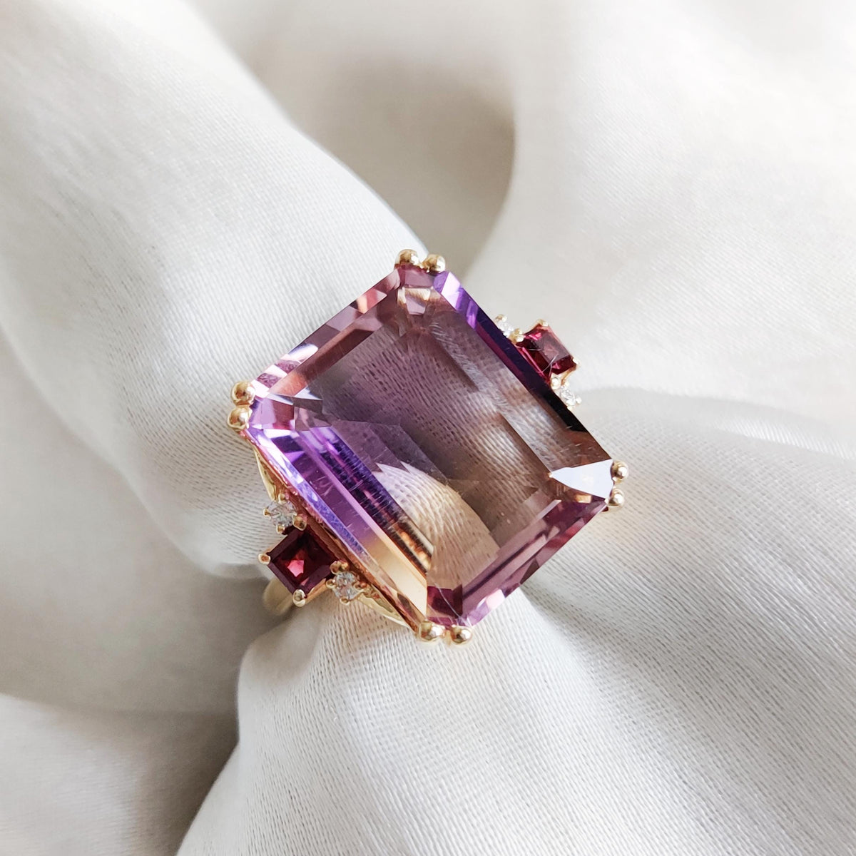14K Solid Gold Natural Ametrine & Diamond and Rhodolite Garnet Ring, Christmas Gift