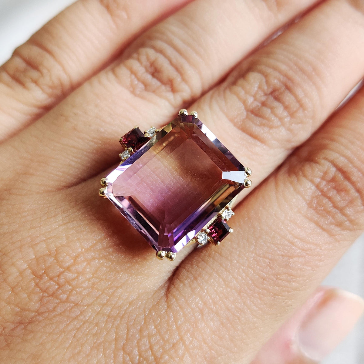 14K Solid Gold Natural Ametrine & Diamond and Rhodolite Garnet Ring, Christmas Gift