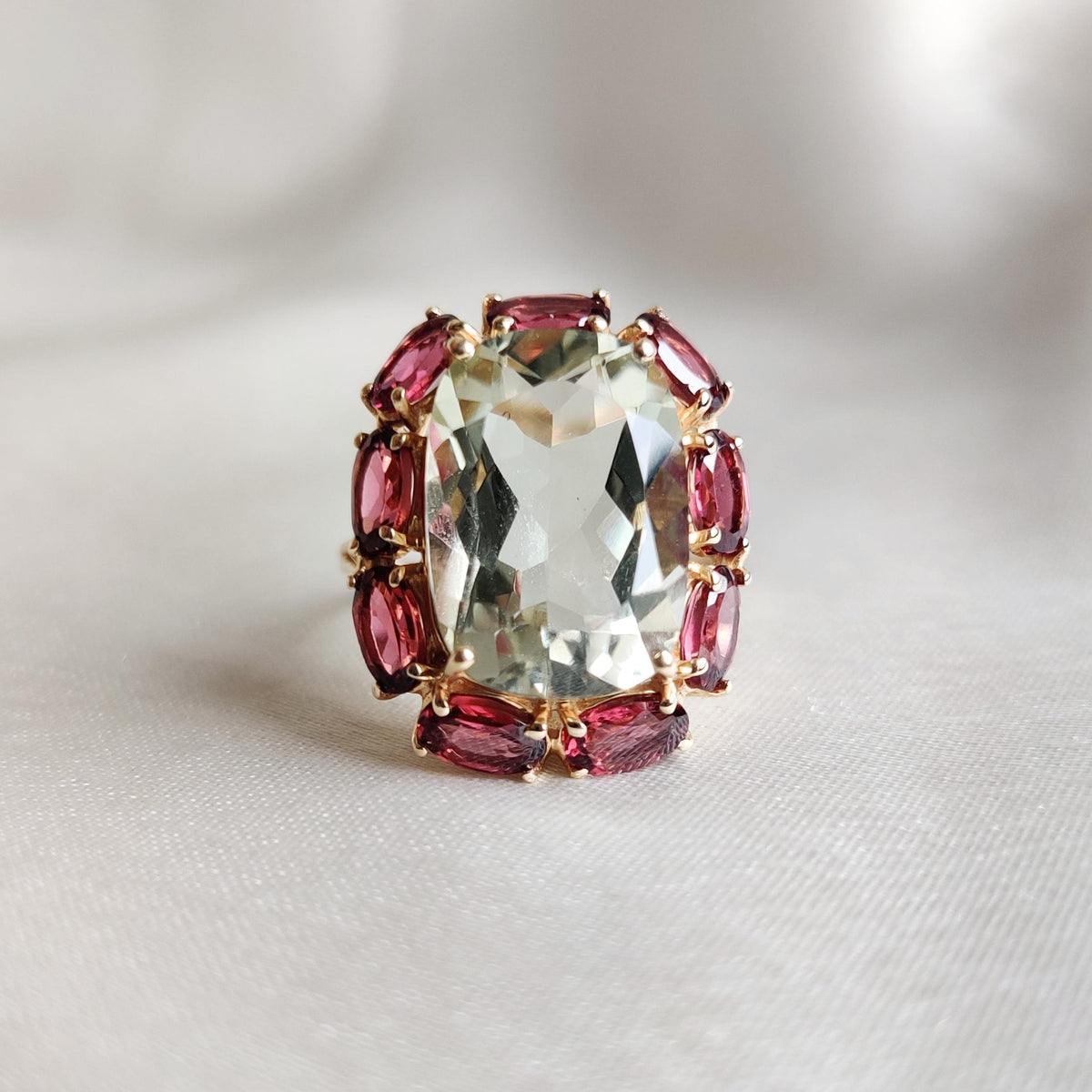 Natural Green Amethyst & Rhodolite Garnet Statement Ring, 14K Solid Yellow Gold Multi-Stone Ring