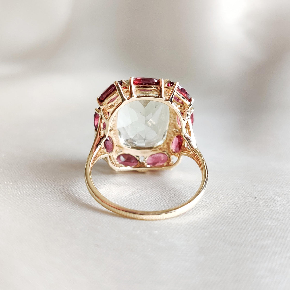 Natural Green Amethyst & Rhodolite Garnet Statement Ring, 14K Solid Yellow Gold Multi-Stone Ring
