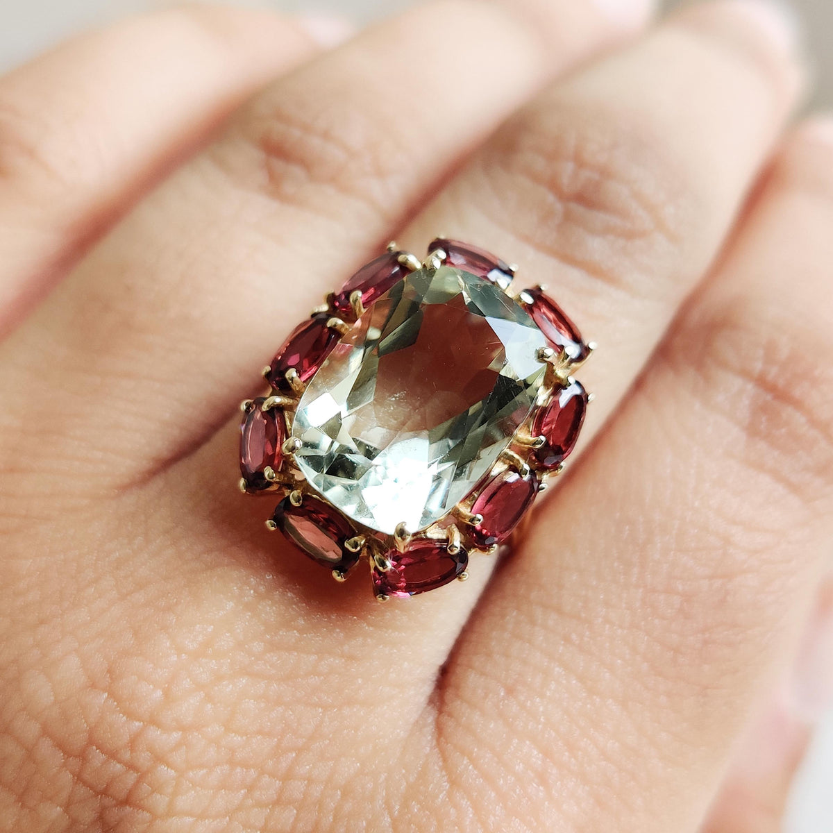 Natural Green Amethyst & Rhodolite Garnet Statement Ring, 14K Solid Yellow Gold Multi-Stone Ring