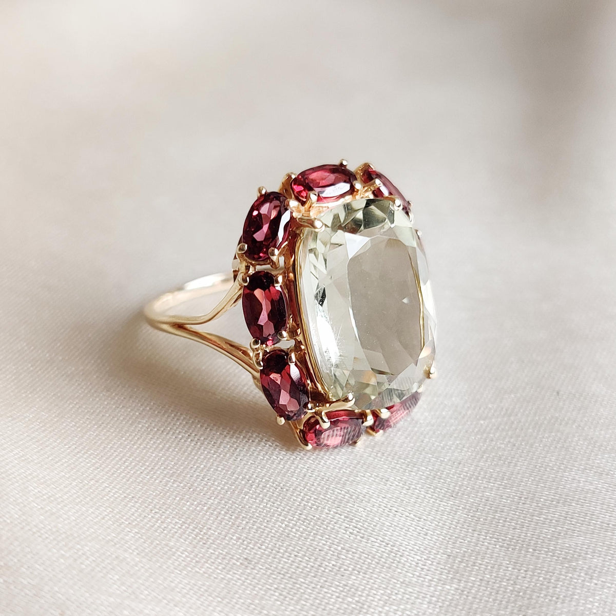 Natural Green Amethyst & Rhodolite Garnet Statement Ring, 14K Solid Yellow Gold Multi-Stone Ring