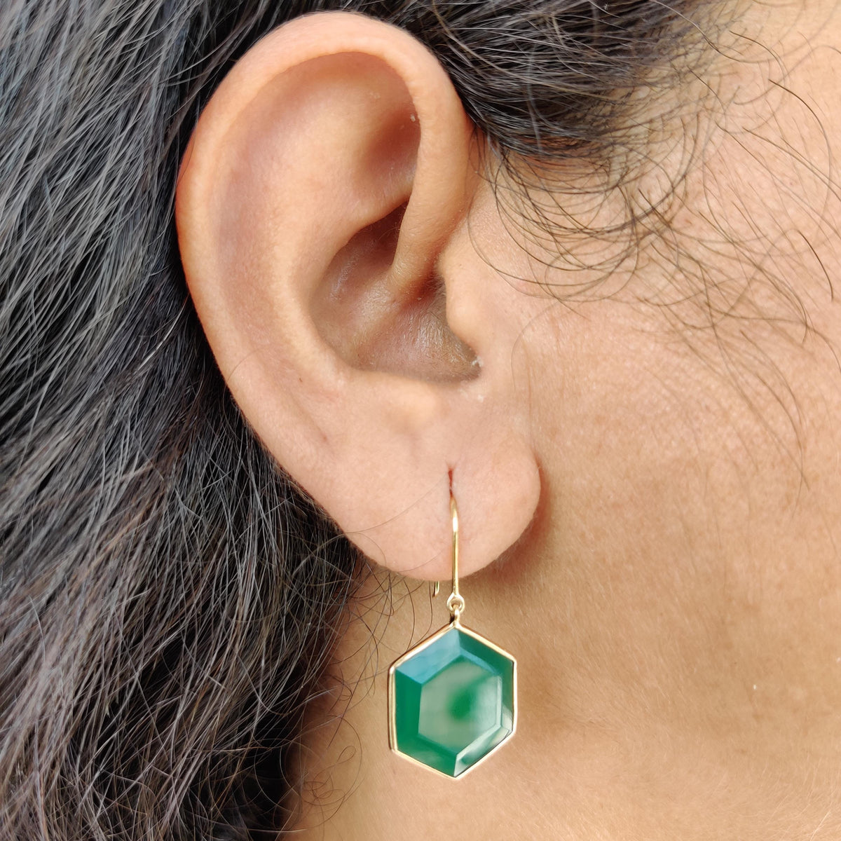 14K Solid Yellow Gold Natural Green Onyx Hexagon Earrings, November Birthstone