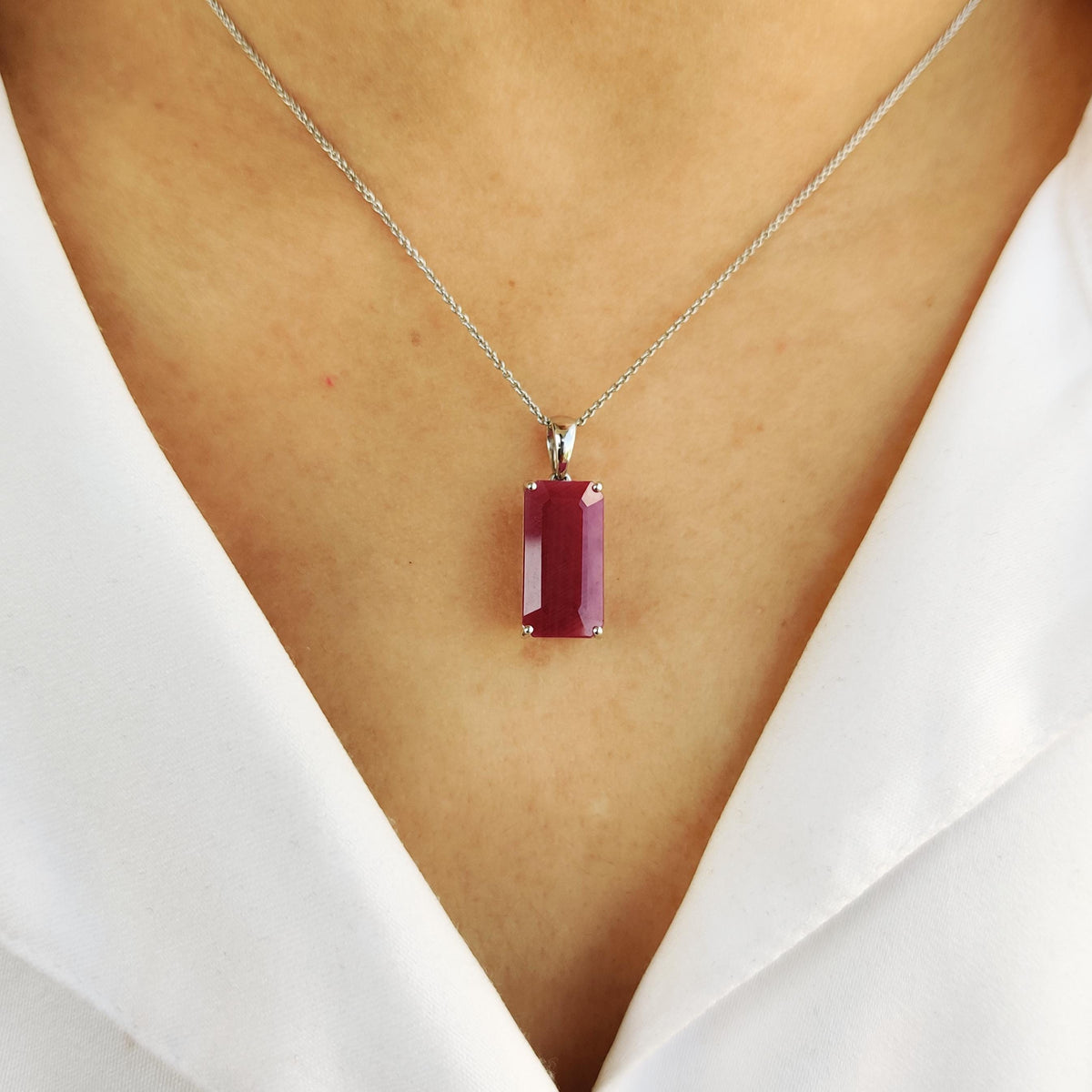 Natural Ruby Pendant, 14K Solid White Gold, July Birthstone