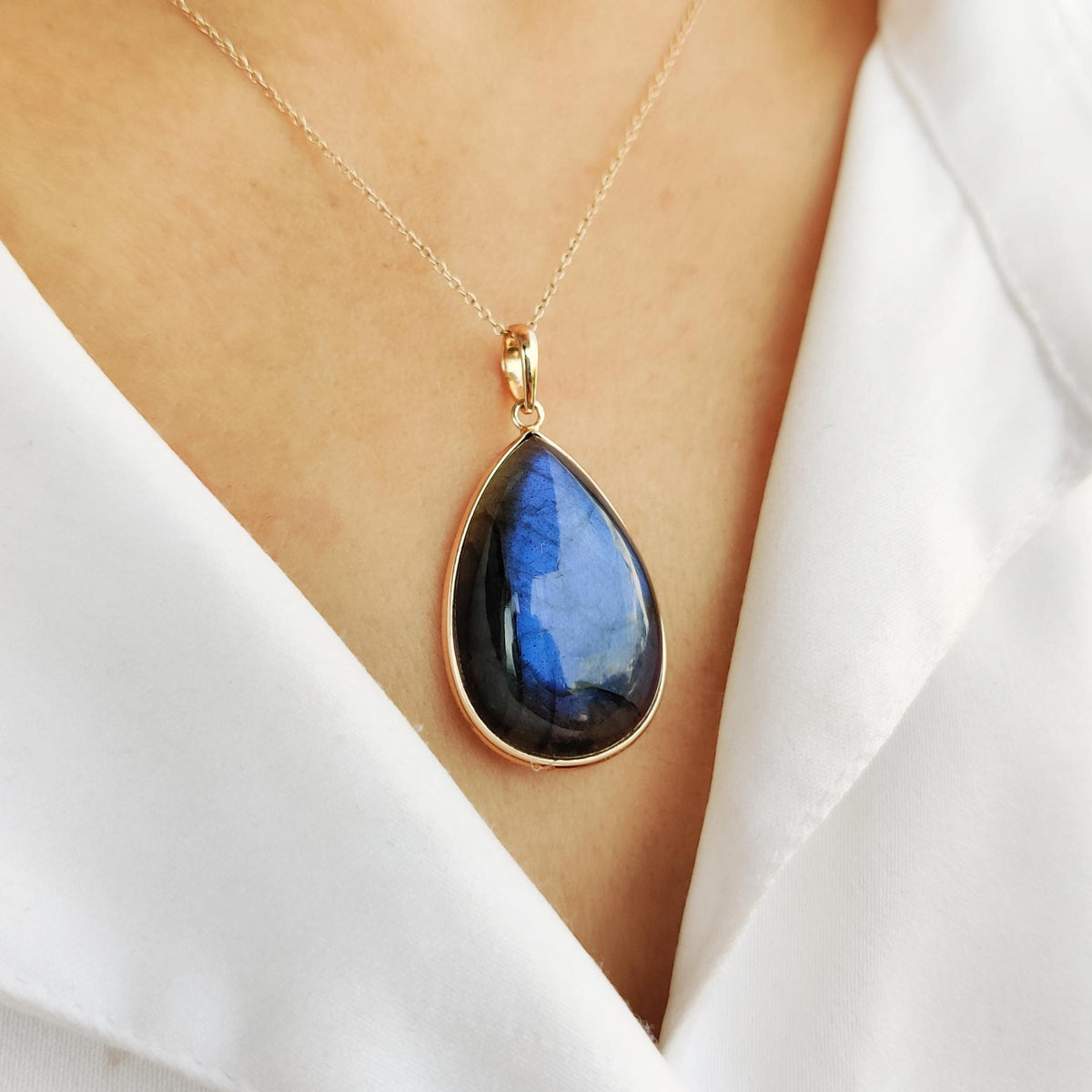 14K Solid Gold Natural Labradorite Pendant, Pear Bezel, November Birthstone
