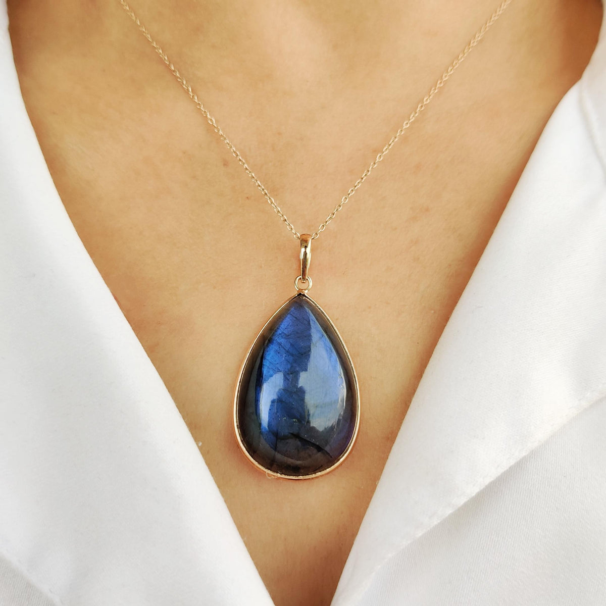 14K Solid Gold Natural Labradorite Pendant, Pear Bezel, November Birthstone