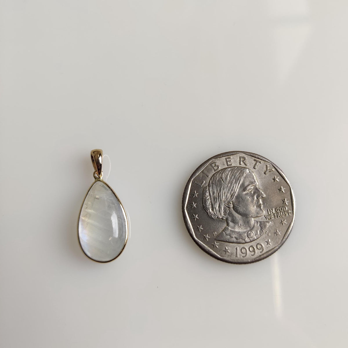 14K Solid Yellow Gold Natural Rainbow Moonstone Pear Pendant, June Birthstone