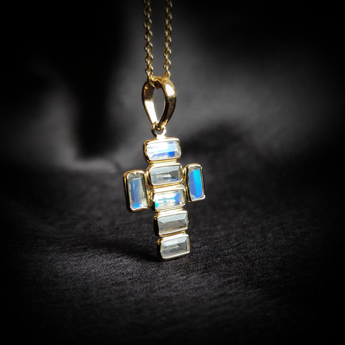14K Solid Gold Natural Rainbow Moonstone Cross Pendant, June Birthstone, Christmas Gift