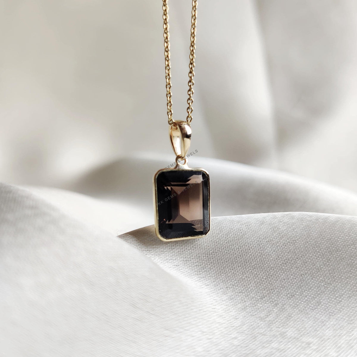 Natural Smoky Quartz Octagon Bezel Pendant, 14K Solid Yellow Gold, June Birthstone