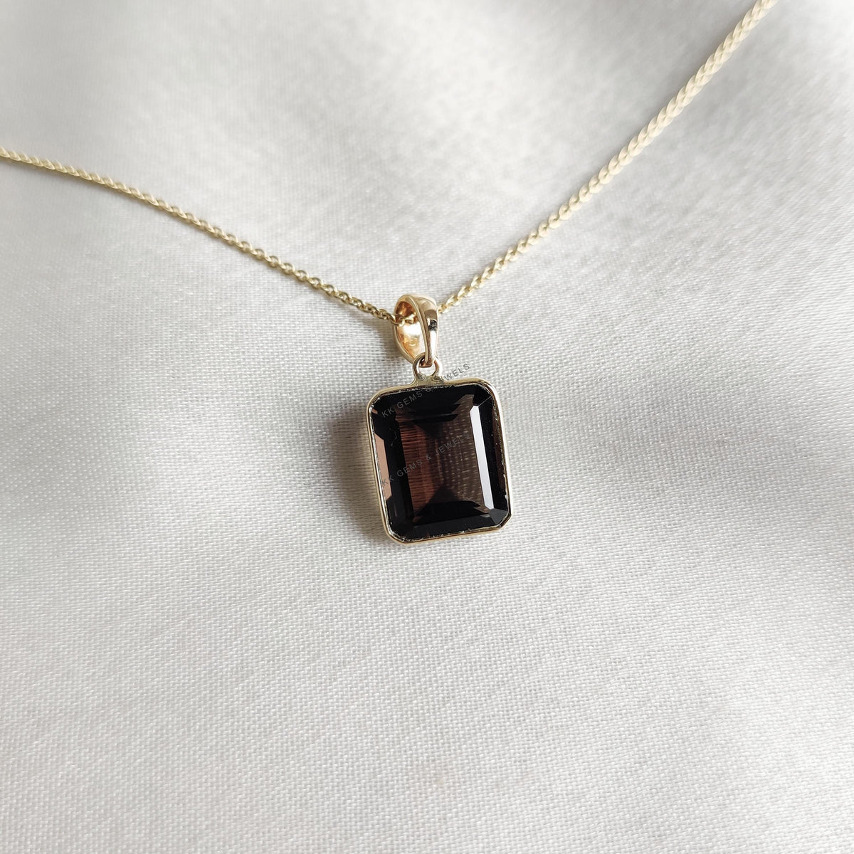 Natural Smoky Quartz Octagon Bezel Pendant, 14K Solid Yellow Gold, June Birthstone
