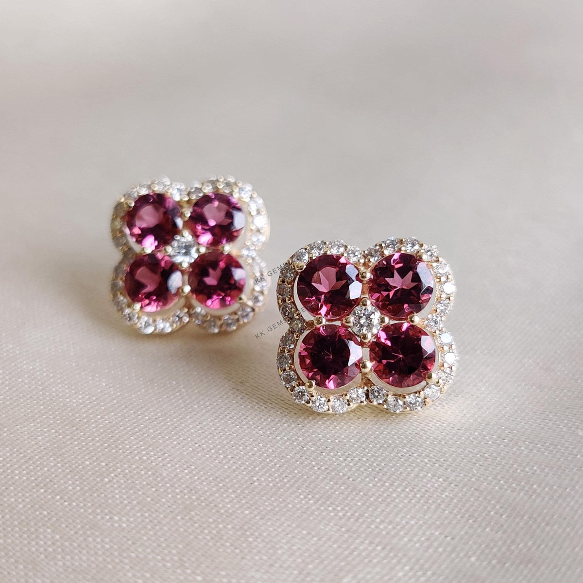 Natural Pink Tourmaline & Diamond 14K Solid Yellow Gold Earrings, October Birthstone
