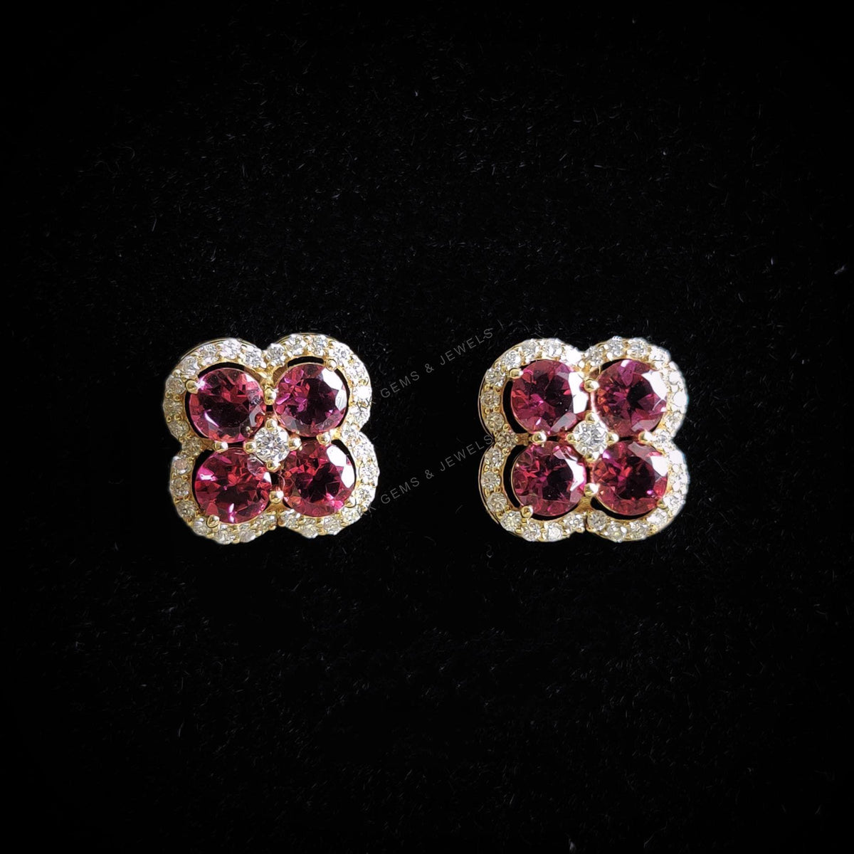 Natural Pink Tourmaline & Diamond 14K Solid Yellow Gold Earrings, October Birthstone