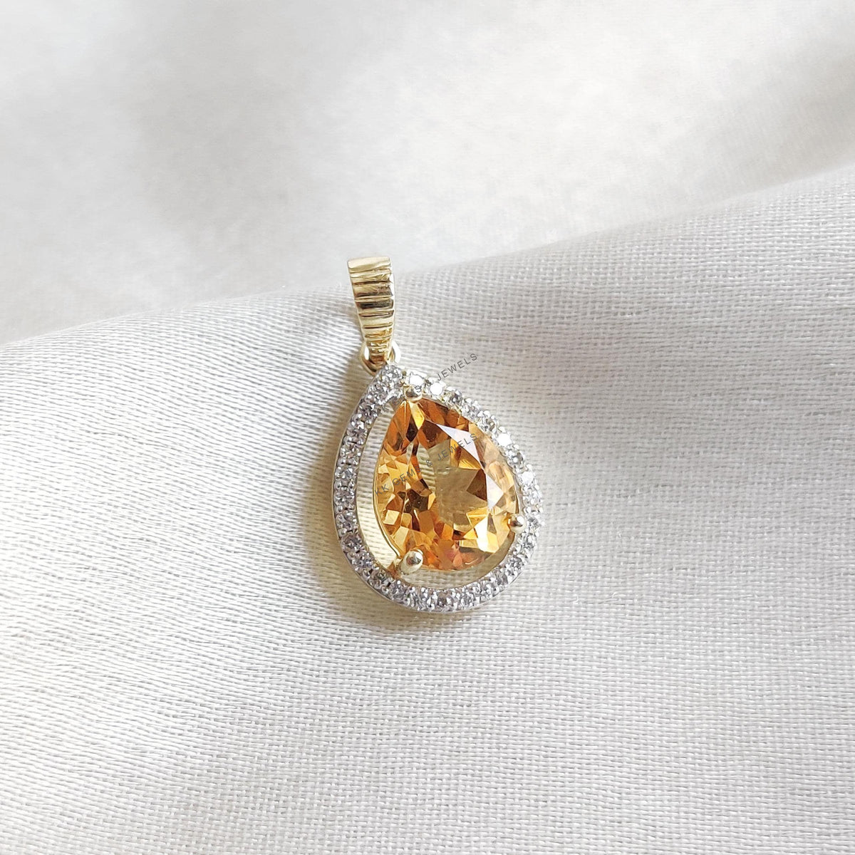 Natural Citrine & Diamond 14K Solid Yellow Gold Pear Pendant, November Birthstone